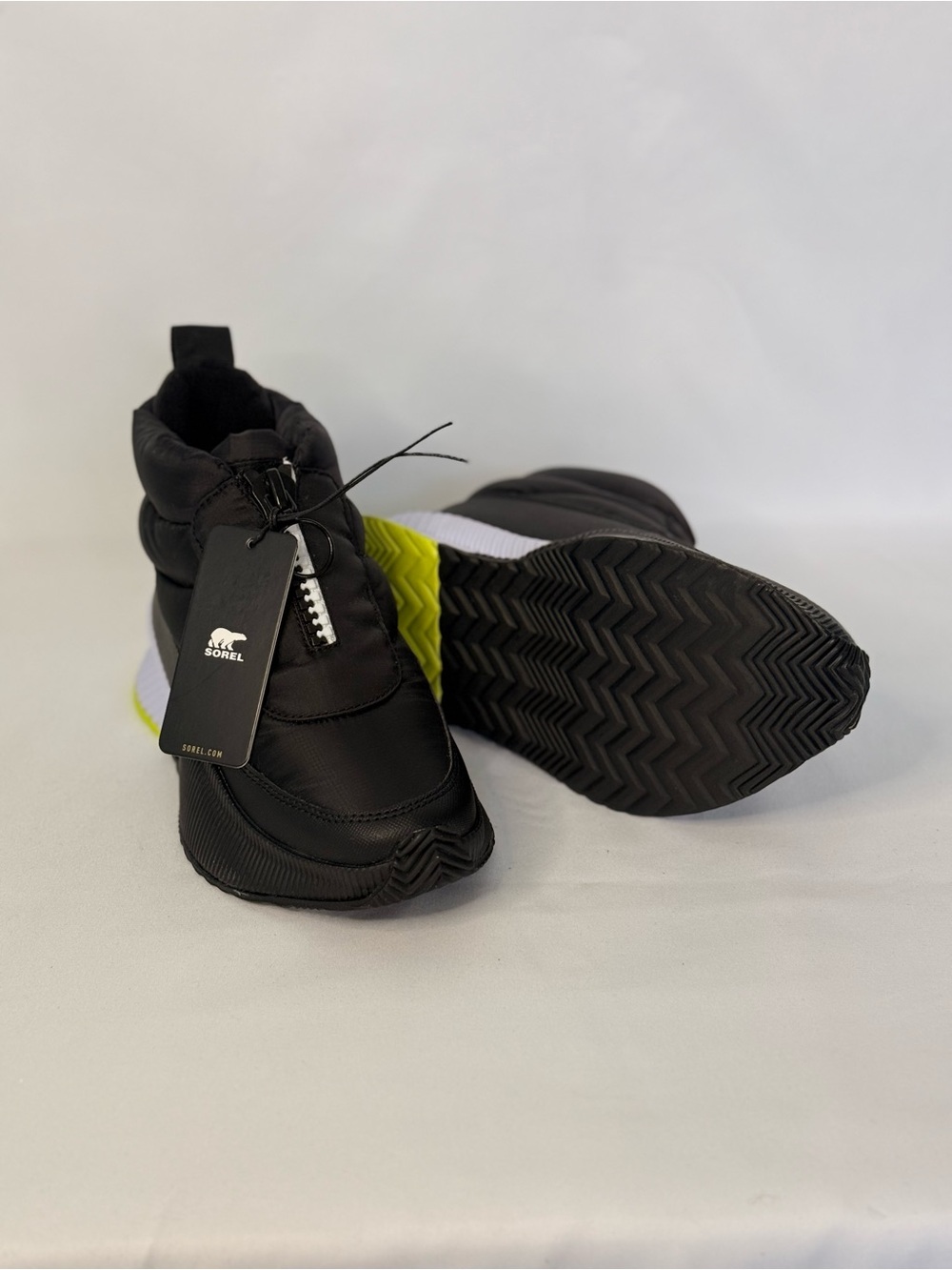Brand New Sorel Women’s Black Boots with Neon Yellow Accent